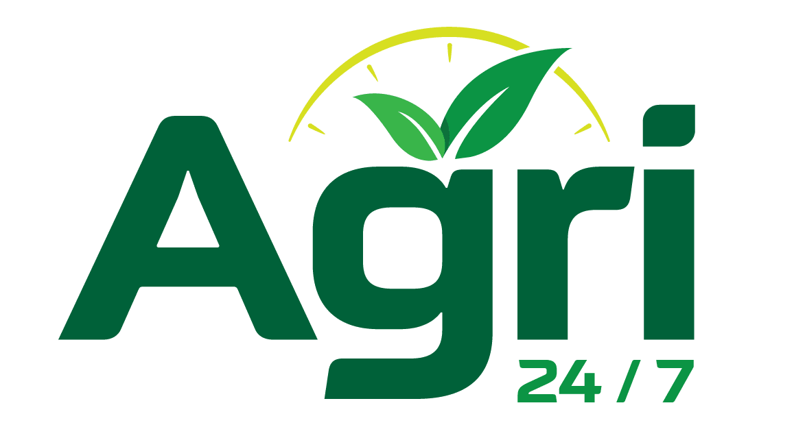 Agri247 official logo featuring a green leaf and clock symbol, representing 24/7 smart farming, agri-tech solutions, and sustainable agriculture in India